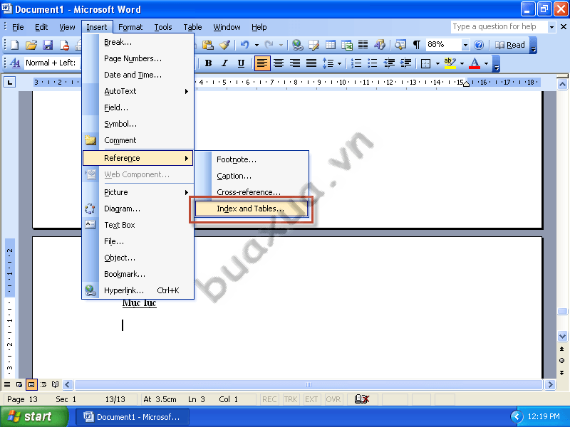 Chọn Index and Tables để chèn mục lục
