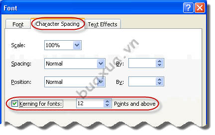 Kerning for font