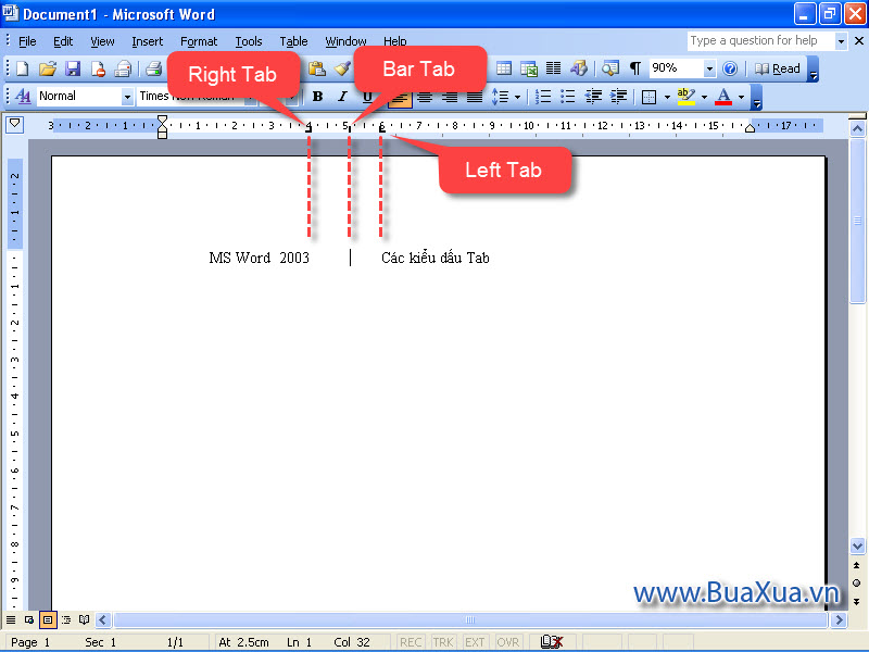 Kết hợp Right Tab, Bar Tab và Left Tab để phân chia văn bản làm hai phần