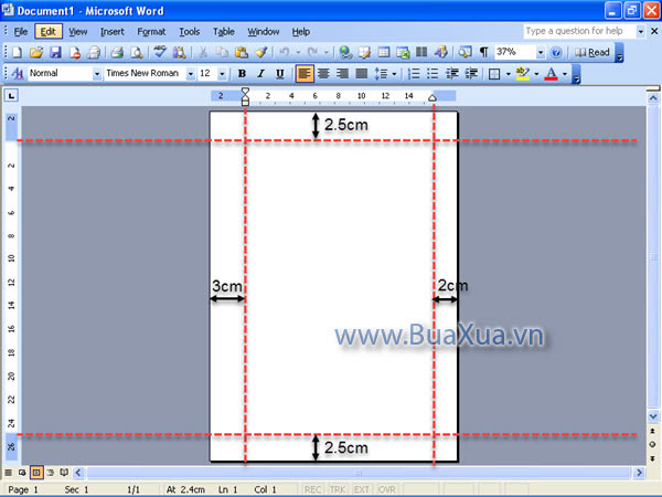 Khoảng cách lề của văn bản trong MS Word 2003