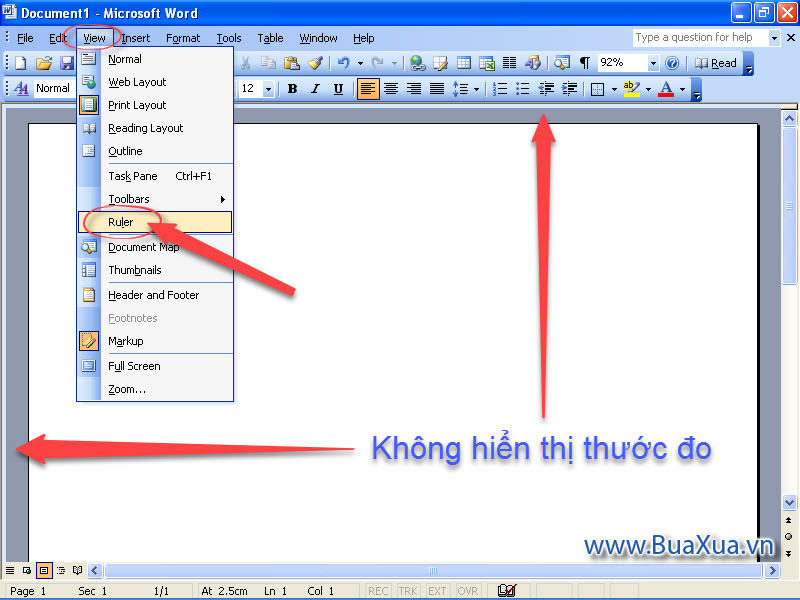 Không hiển thị thước đo trong Word 2003
