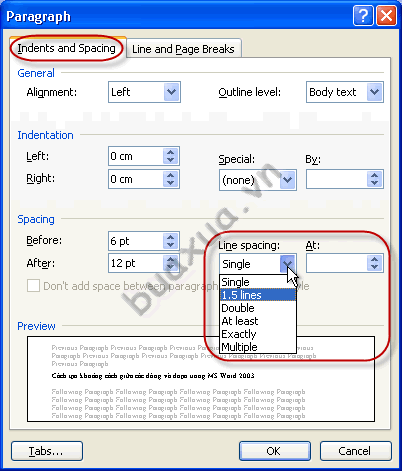 thay đổi các thông số trong mục Line spacing