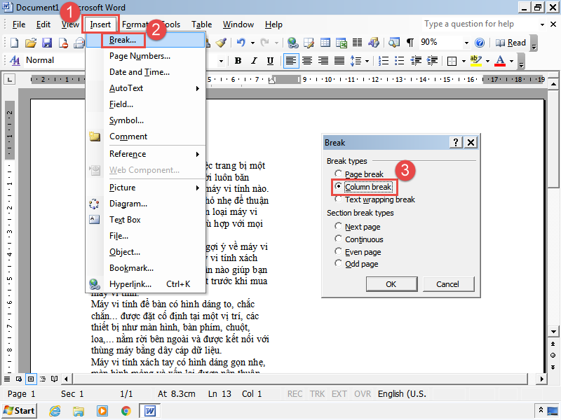 Trình đơn Insert và hộp thoại Break
