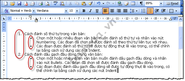 Kết hợp xen kẻ vừa đánh số thứ tự vừa có dấu đầu dòng