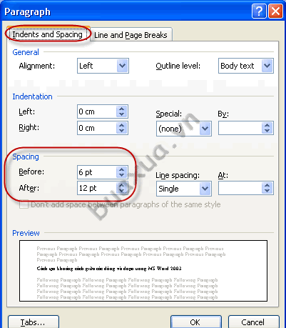 Thay đổi các thông số trong phần Spacing