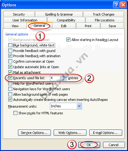Chọn số lượng tập tin muốn hiển thị trong danh sách Recently used file list