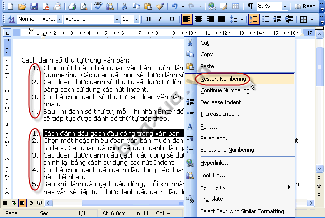 Đánh số thứ tự lại từ đầu - Restart Numbering