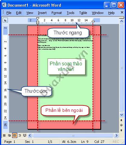 Word hiển thị thước đo theo chiều ngang và chiều dọc của trang giấy