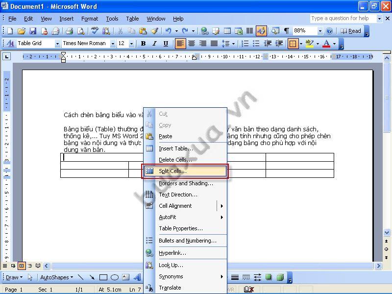 Split Cells - Phân chia một ô trong bảng