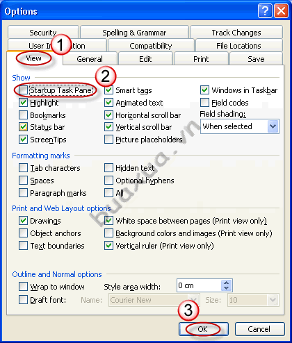 Đóng cửa sổ tác vụ Task Pane trong MS Word 2003
