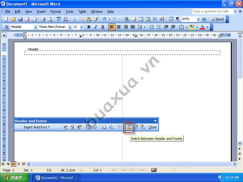 Switch between Header and Footer để chuyển sang phần chân trang