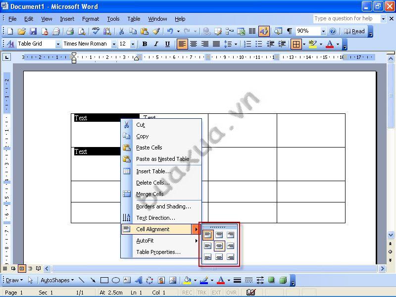 Canh lề chữ của các ô trong bảng