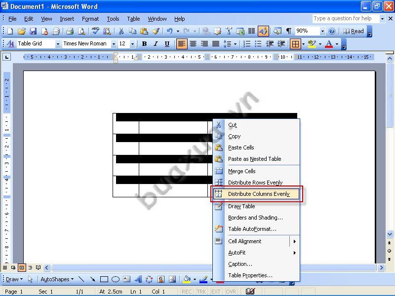 Chọn Distribute Columns Evenly