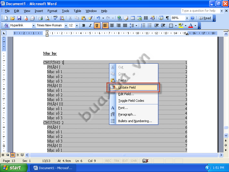 Nhấn nút phải chuột vào bảng mục lục rồi chọn Update Field