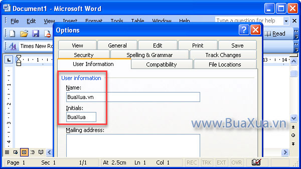 Cách thay đổi thông tin người sử dụng trong MS Word 2003