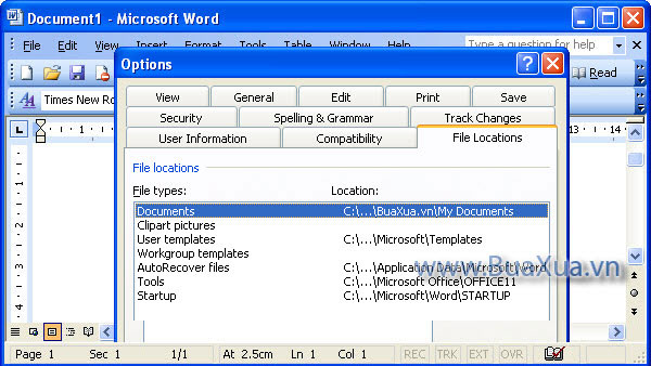 Cách thay đổi thư mục lưu trữ các tập tin trong MS Word 2003 