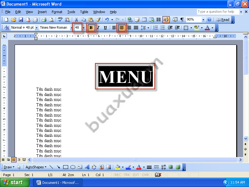 Định dạng cho tiêu đề Menu