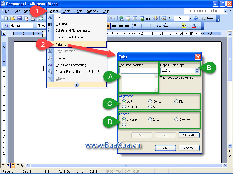 Cách mở hộp thoại Tabs trong MS Word 2003