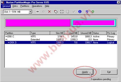Nhấn Apply để chương trình thực hiện việc phân chia Partition
