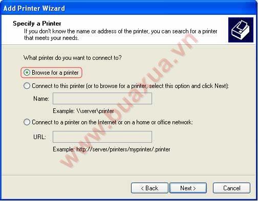 chọn Browse for a printer