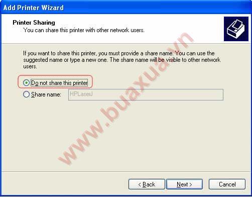 chọn Do not share this printer
