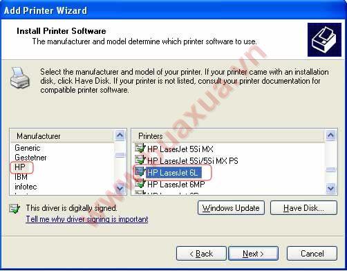Chọn máy in trong Install Printer Software