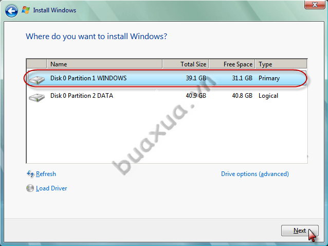 Chọn ổ dĩa để cài đặt Windows