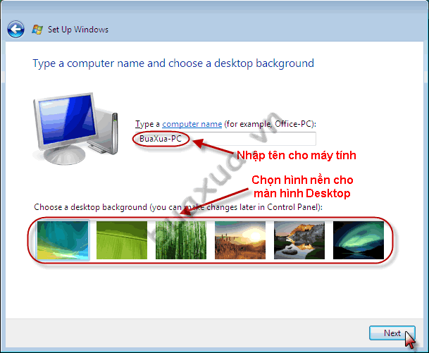 Đặt tên cho máy tính và chọn hình nền cho màn hình Desktop
