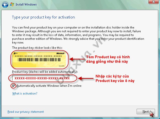 Nhập mã số (Product key) kèm theo dĩa cài đặt Windows Vista