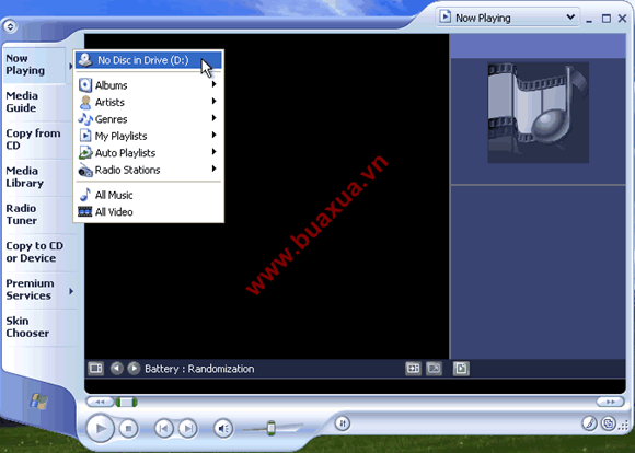 Các Menu nằm bên trái là lựa chọn sử dụng các chức năng của Windows media player