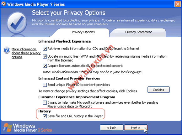 Hystory cho phép chương trình lưu lại tên của các File Media được mở ra ở lần trước