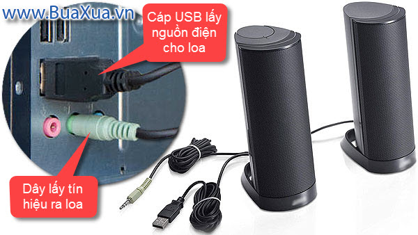Cắm dây loa vào cổng âm thanh trên máy vi tính