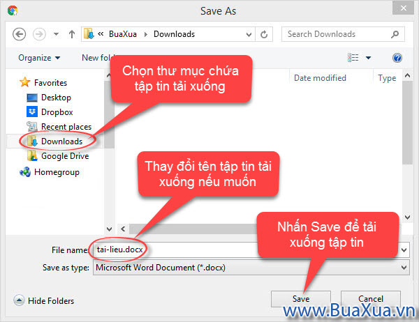 Chọn vị trí lưu tập tin tải xuống