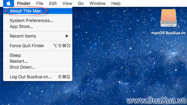 Nhấn nút biểu tượng hình trái táo trên thanh Menu và chọn About this Mac