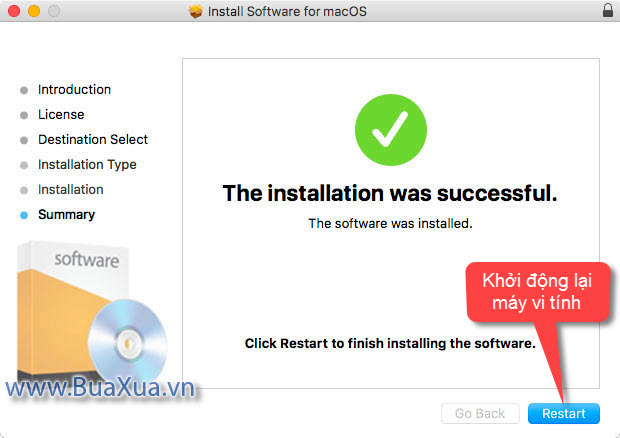 Nhấn Restart để khởi động lại máy vi tính sau khi cài đặt phần mềm