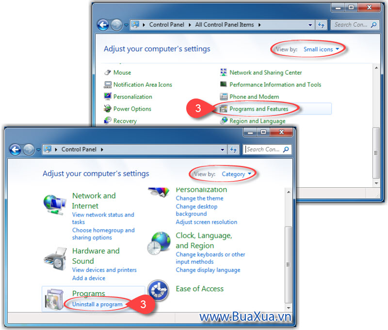 Nhấp chuột vào Programs and Features hoặc Uninstall a program