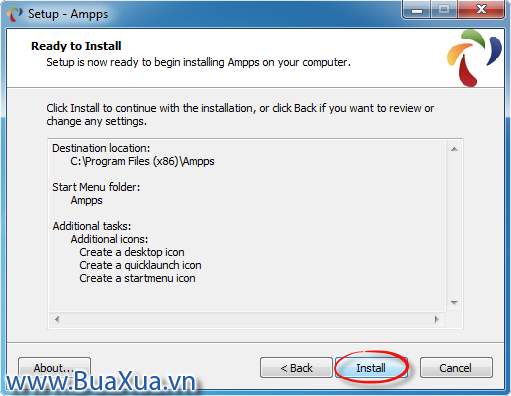Cửa sổ Ready to install AMPPS