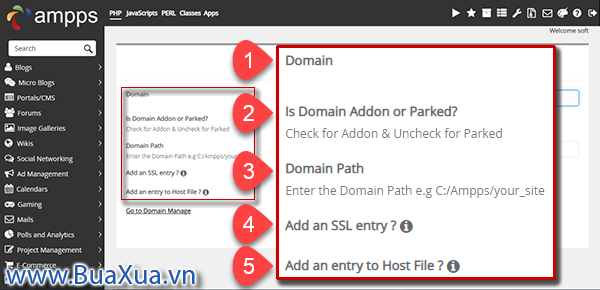 Các lựa chọn trong trang Add New Domain