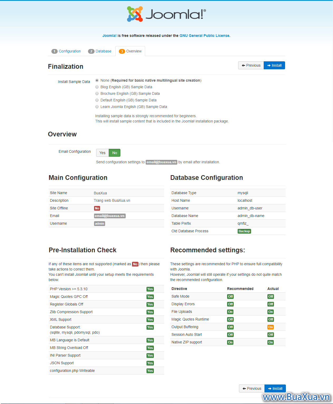 Kiểm tra các thiết lập lần cuối trước khi cài đặt Joomla!