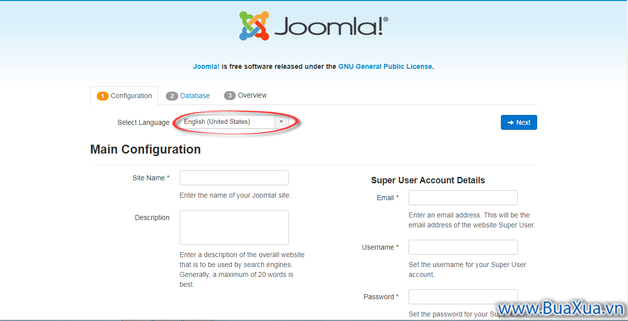 Chọn ngôn ngữ khi cài đặt Joomla!