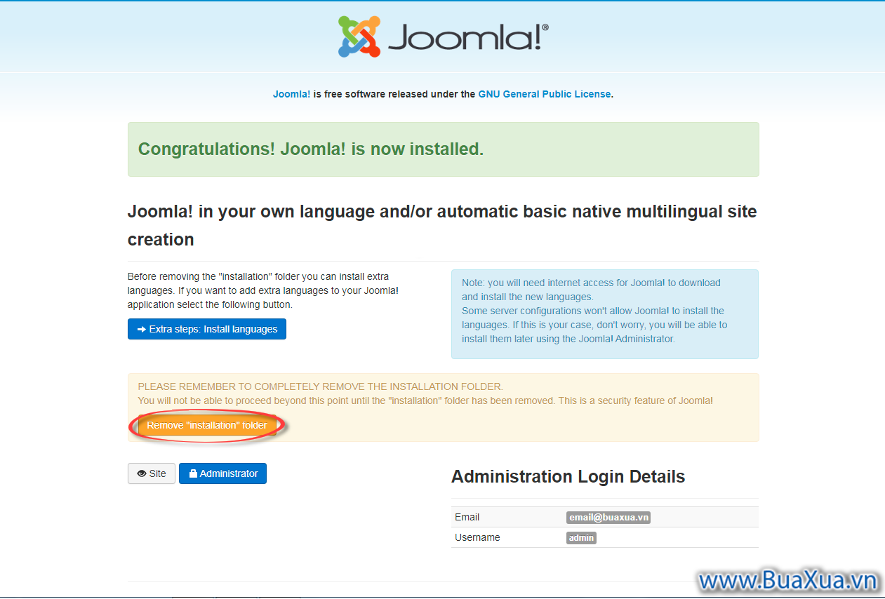 Hoàn tất việc cài đặt Joomla!