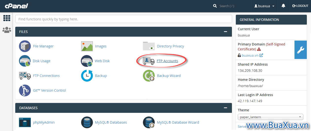 Sau khi đăng nhập vào cPanel, bạn hãy nhấn vào FTP Accounts