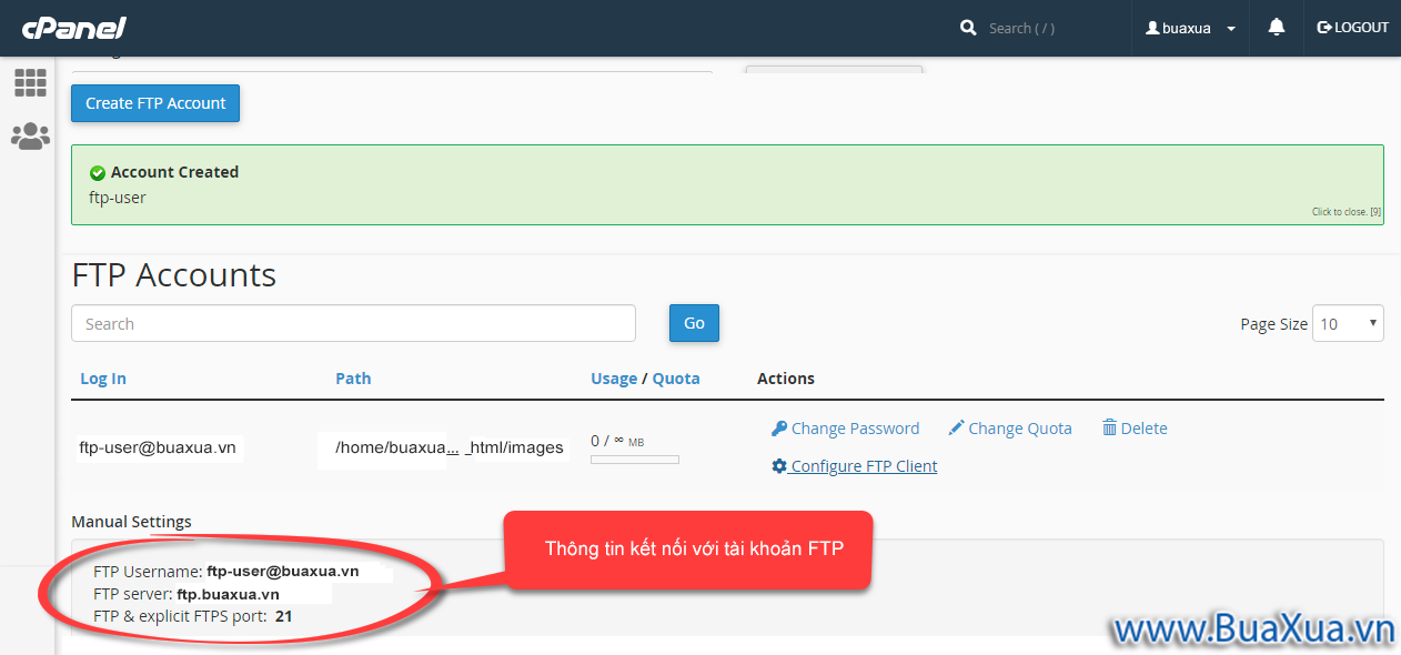 Danh sách các tài khoản FTP trong phần FTP Accounts
