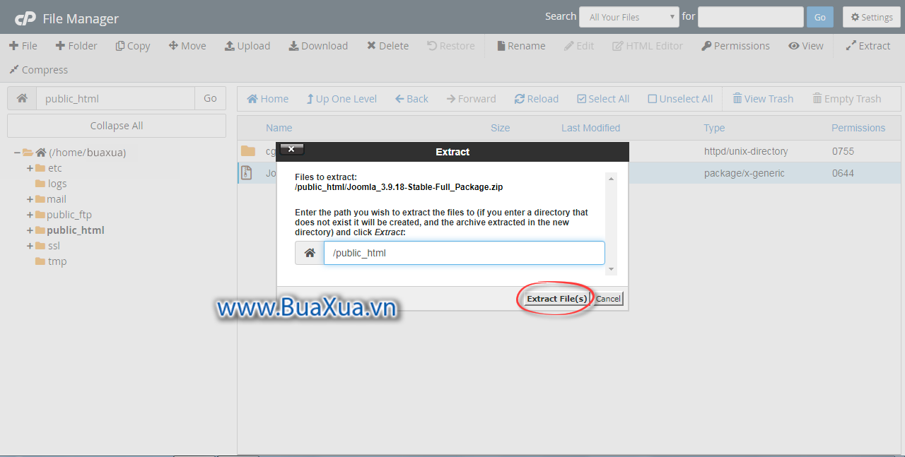 Xác nhận giải nén gói cài đặt Joomla! vào thư mục public_html
