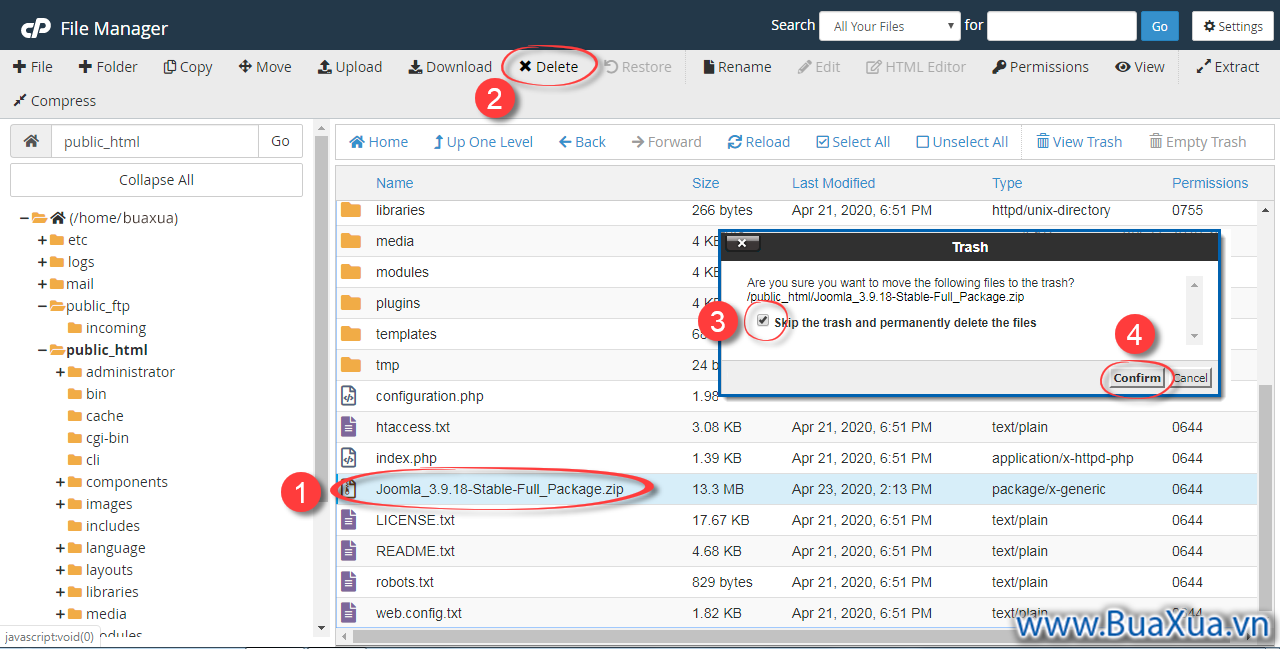 Xóa gói cài đặt Joomla! và đóng của sổ File Manager