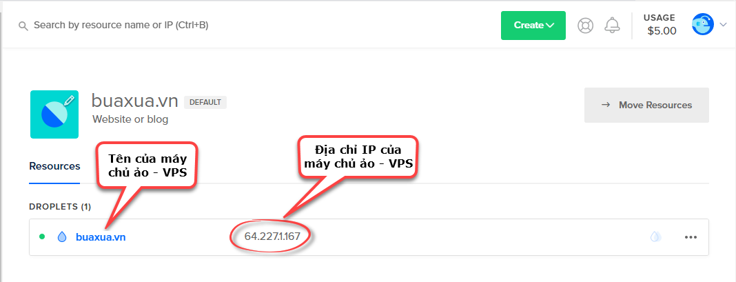 Sau khi tạo xong bạn sẽ nhìn thấy tên và địa chỉ IP của máy chủ ảo
