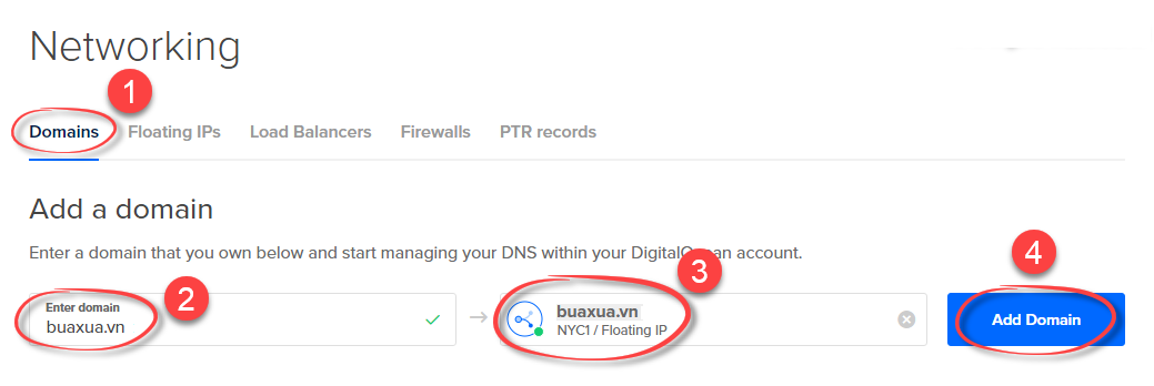 Nhập tên miền của bạn và chọn Droplet mà bạn vừa tạo, sau đó nhấp vào nút Add domain