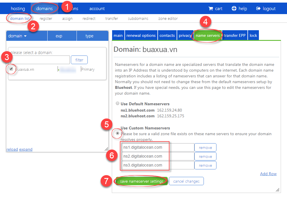 Các bước thay đổi NameServer tại Bluehost