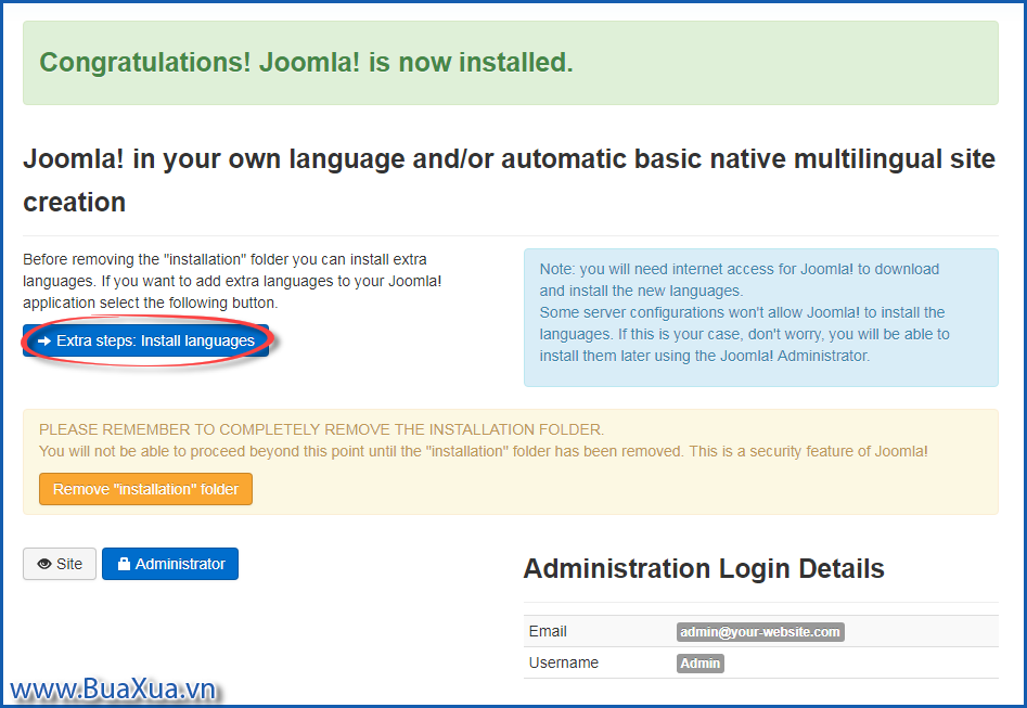 Màn hình thông báo việc cài đặt Joomla! đã hoàn tất