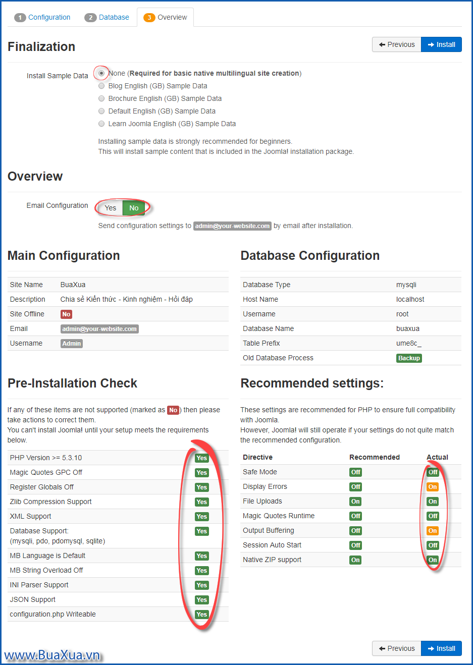 Finalization - Kiểm tra các thiết lập lần cuối trước khi cài đặt Joomla!